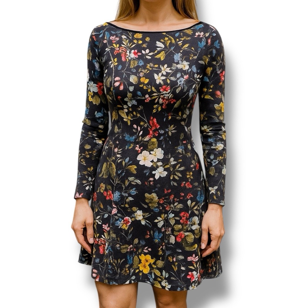 Erdem Vivi Dress Boat Neck A-Line Fit Flare Floral Long Sleeve Scoop‎ Back US 6